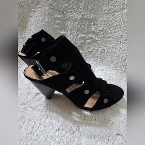 Audrey Brooke Black Suede Leather Katy Heels Ankle Strap Sandals Size 7.5M